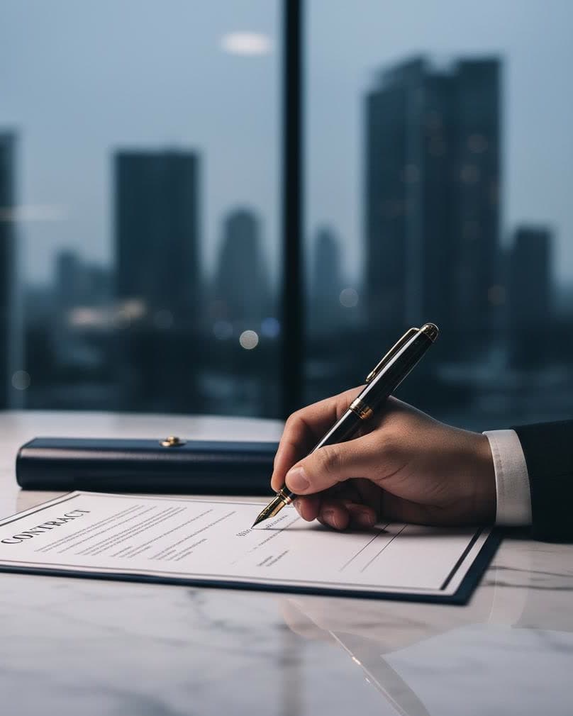 Una mano firma un contratto con la stilografica, la città sfocata oltre la vetrata